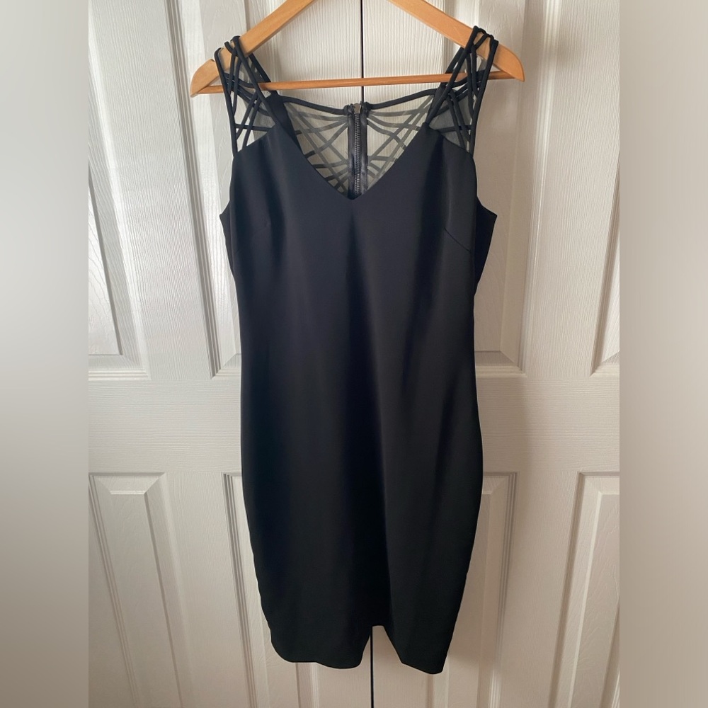 BADGLEY MISCHKA Black Crepe Strappy Cage Goth Sleeveless Sheath Dress SZ 8